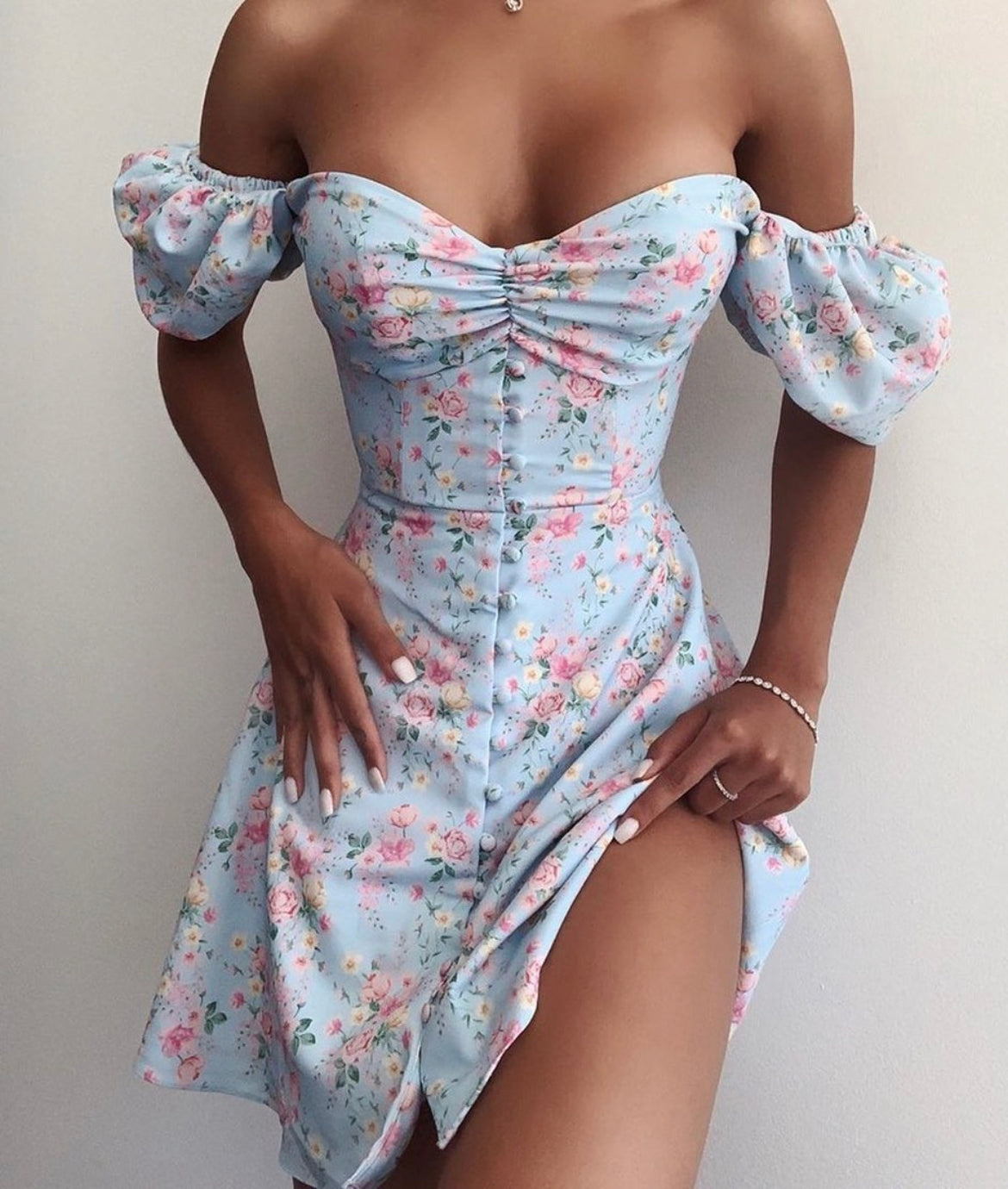 Floral Print Puff Sleeve Buttoned Dress