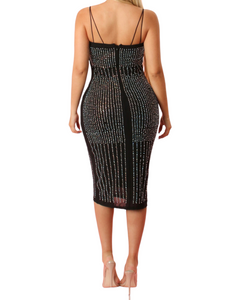 Black Rhinestones Patter Bodycon Midi Dress