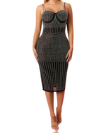 Load image into Gallery viewer, Black Rhinestones Patter Bodycon Midi Dress
