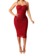 Load image into Gallery viewer, Red Rhinestone Patter Bodycon Midi Dress
